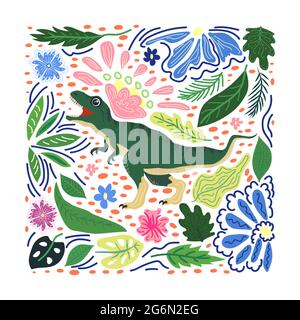 Verde tirannosauro, collezione preistorica di dinosauri. Animali antichi. Disegnato a mano. In una cornice di fiori e foglie Illustrazione Vettoriale
