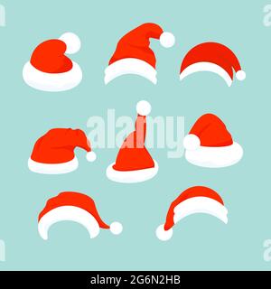 Illustrazione vettoriale del set di cappelli Santa in disegno di cartoni piani. Illustrazione Vettoriale