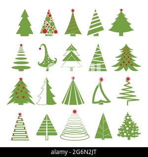 Illustrazione vettoriale insieme di alberi di natale in rosso e verde su sfondo bianco. Stile piatto. Illustrazione Vettoriale