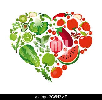 Illustrazione vettoriale forma del cuore di frutta e verdura rosse. Nutrizione sana concetto organico in stile piatto. Illustrazione Vettoriale