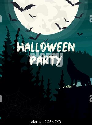 Illustrazione vettoriale invito o biglietto di auguri per la festa di Halloween. Wolf silhouette, pipistrello e luna su sfondo cielo scuro. Illustrazione Vettoriale