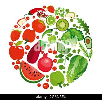 Illustrazione vettoriale della forma circolare di frutta e verdura verdi e rosse. Nutrizione sana concetto biologico stile piatto. Illustrazione Vettoriale