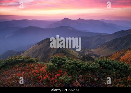 Panorama con interessante alba illumina i dintorni. Paesaggio con belle montagne e pietre. Fantastico scenario autunnale. Località turistica C Foto Stock