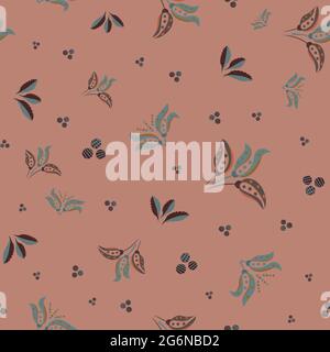 Tulipano stilizzato astratto e sfondo senza giunture vettoriali a foglia. Moderno sfondo in teal rosa scuro con bouquet di paia di tulipani disegnati a mano Illustrazione Vettoriale