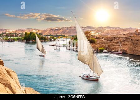 Barche a vela tradizionali del Nilo vicino alle rive di Assuan, Egitto. Foto Stock