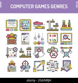 Giochi per computer generi linea colori icone set. Pittogramma per pagina web, app mobile, promo. Elemento di progettazione GUI UI UX. Tratto modificabile. Illustrazione Vettoriale