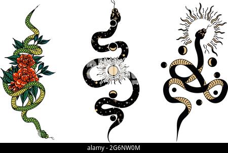 Set Occult trendy illustrazione disegnata a mano con serpente, luna e stelle. Illustrazione Vettoriale