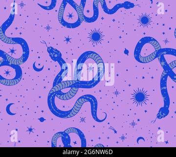 Modelli senza giunture Alchemy esoterico mistico magico celeste talismano con serpente, sole, stelle sacra geometria isolata. L'oggetto dell'occultismo spirituale Illustrazione Vettoriale