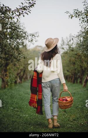 Vista posteriore di donna in cappello di paglia, maglione bianco e jeans holdindd plaid e cesto pieno di aple camminare nel giardino d'autunno. Foto Stock