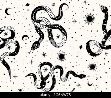 Modelli senza giunture Alchemy esoterico mistico magico celeste talismano con serpente, sole, stelle sacra geometria isolata. L'oggetto dell'occultismo spirituale Illustrazione Vettoriale