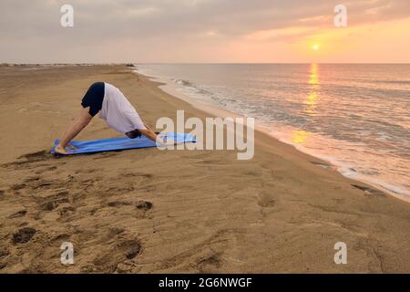 L'uomo pratica verso il basso facendo esercizio con il cane Foto Stock