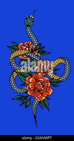 Serpente magico cosmico. Serpente e fiori selvatici. Halloween e boho Floral design. Elementi botanici. Piante decorative rustiche. Serpente silhouette nero. Min Illustrazione Vettoriale