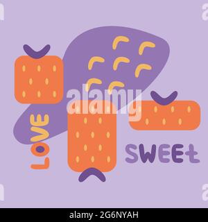 Poster astratto in stile memphis con forma geometrica fragola, archi, dolce e amore scritta disegnata a mano, forma astratta spot su sfondo. Arte contemporanea per social media, biglietti, stampe vettoriali Illustrazione Vettoriale