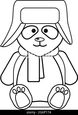 Un panda divertente si siede in un cappello con i paraspruzzi e una sciarpa. Illustrazione vettoriale del contorno del doodle. Illustrazione Vettoriale