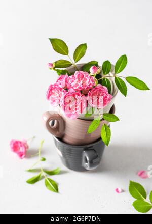 Ancora più vita con le delicate rose rosa mini e le berrette da caffè pastello. Arredamento floreale e casalingo. Spazio di copia. Foto Stock