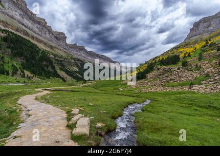 Sentiero escursionistico con piccolo torrente di montagna sotto nuvole di pioggia nel parco nazionale spagnolo Ordesa y Monte Perdido, Pirenei, Spagna Foto Stock
