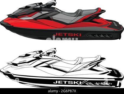 Jet Ski vettore, rosso, isolato su sfondo bianco, nero e bianco immagine vettoriale realistica Illustrazione Vettoriale