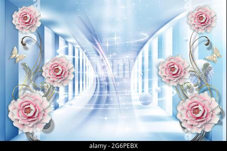 3D Illustrazione di bellissimi fiori rosa sfondo 3d sfondo 3D Wallpaper Foto Stock