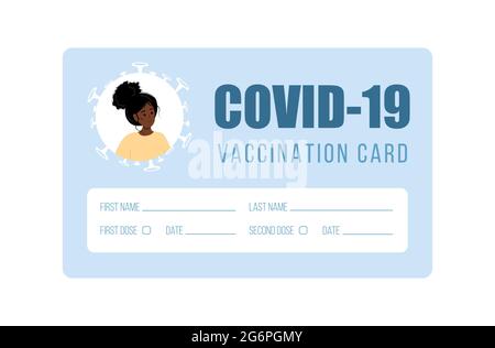 Concetto di carta di vaccinazione. Modello vuoto con foto femminile. La donna africana riceve l'iniezione di vaccino Covid 19. Controllo della sicurezza del coronavirus Illustrazione Vettoriale