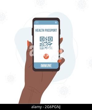 Codice QR con risultato immune elettronico. Controllo della sicurezza dal covid-19. Donna africana che tiene lo smartphone con passaporto sanitario sullo schermo digitale Illustrazione Vettoriale