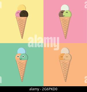Immagine vettoriale di coni gelato con deliziose palle di cioccolato, fragola, gelato al limone con divertenti emozioni volano su uno sfondo monocromatico Illustrazione Vettoriale