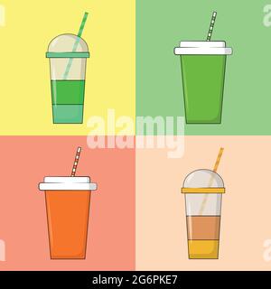 Illustrazione vettoriale di quattro tazze monouso multicolore con coperchio e cannuccia su sfondo colorato Illustrazione Vettoriale