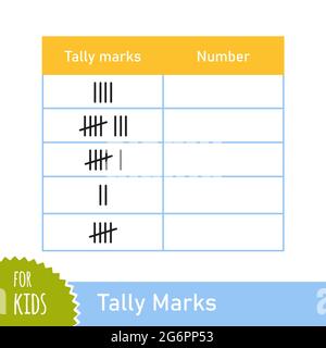 Attività matematica con segni di conteggio. Gioco di conteggio per i bambini di scuola e prescolare. Gioco matematico educativo. Illustrazione vettoriale isolata in bianco Illustrazione Vettoriale