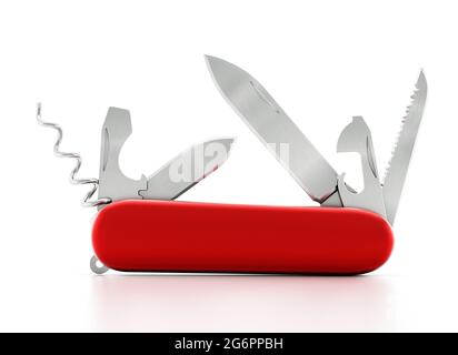 Coltello svizzero generico isolato su sfondo bianco. Illustrazione 3D. Foto Stock