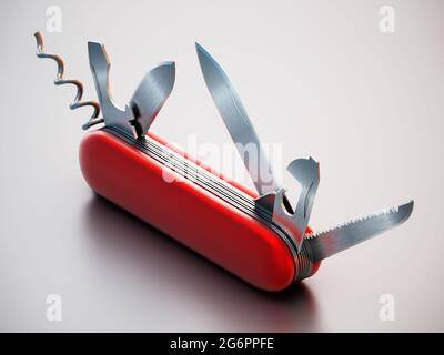 Coltello svizzero generico isolato su sfondo bianco. Illustrazione 3D. Foto Stock