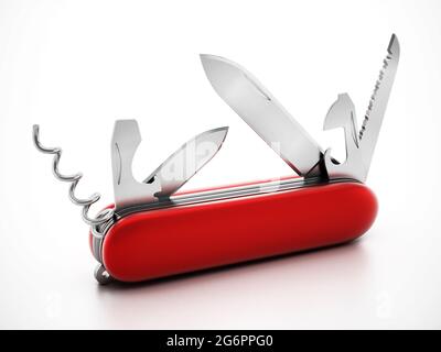 Coltello svizzero generico isolato su sfondo bianco. Illustrazione 3D. Foto Stock