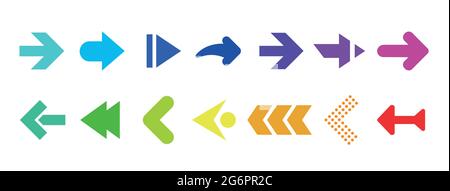 Frecce colorate isolate su sfondo bianco. Interfaccia utente e web design. Illustrazione Vettoriale