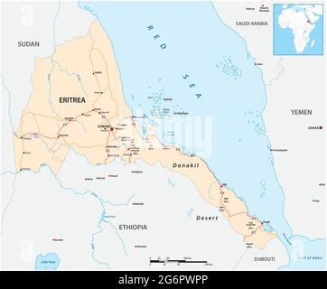 Mappa stradale vettoriale dello stato dell'Africa orientale dell'Eritrea Illustrazione Vettoriale