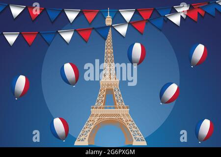 Bastille giorno 14 1789 luglio - Torre Eiffel in primo piano Francia blu-bianco-rouge - illustrazione con vari elementi francesi - utile per i progettisti Foto Stock