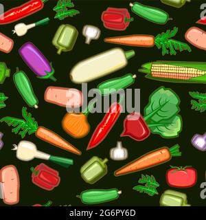 Verdure da giardino. Stile piatto cartoon. Zucchine, cetrioli, carote, peperoni, patate, cipolle, aglio, erbe, barbabietole, melanzane. Immagini senza interruzioni. Scuro Foto Stock