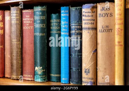 Libri antichi esposti su una libreria presso un negozio di antiquariato (Hampton Court Emporium, East Molesey, UK) Foto Stock