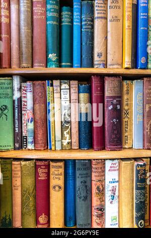 Libri antichi esposti su una libreria presso un negozio di antiquariato (Hampton Court Emporium, East Molesey, UK) Foto Stock