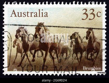 AUSTRALIA - CIRCA 1986: Un francobollo stampato in Australia mostra Brumgies, Wild Horses, circa 1986 Foto Stock