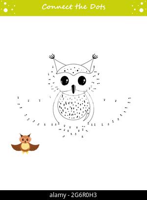 Noi disegniamo un gufo. Punto a punto. Tracciare una linea. Gioco per bambini. Numeri di apprendimento per bambini. Foglio di lavoro per lo sviluppo dell'istruzione. Illustrazione vettoriale isolata. Illustrazione Vettoriale