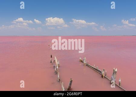 Lago salato rosa Sasik-Sivash in Crimea. Splendido paesaggio fiabesco con lago e cielo blu con nuvole e persone. Industria del sale. Sale rosa con m Foto Stock