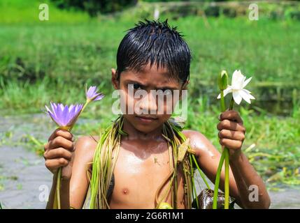 Ragazzo con fiore di giglio d'acqua sullo stagno. Bambino asiatico sorriso carino con viola e bianco di loto. Foto Stock