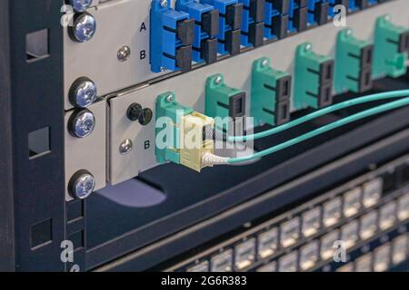 Apparecchiatura per pannello patch per montaggio su rack in fibra ottica Foto Stock