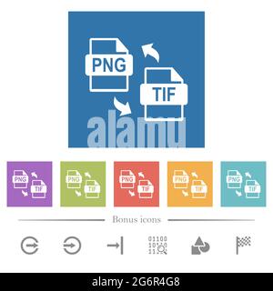 PNG TIF conversione file icone bianche piatte in sfondi quadrati. 6 icone bonus incluse. Illustrazione Vettoriale