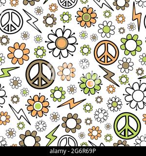 Motivo vettoriale senza cuciture con simbolo della pace e fiori su sfondo bianco.carta da parati vintage, retro. Illustrazione Vettoriale