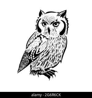 illustrazione originale di gufo, disegno a mano dell'inchiostro in stile etnico, illustrazione vettoriale in colori bianco e nero Illustrazione Vettoriale