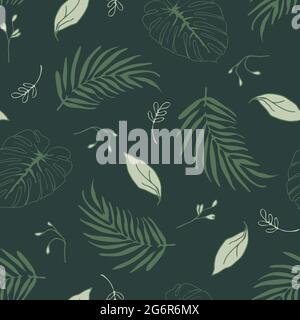 Modello vettoriale senza cuciture con foglie tropicali su sfondo verde scuro. Semplice carta da parati floreale. Decorativo foglia di palma moda tessile. Illustrazione Vettoriale