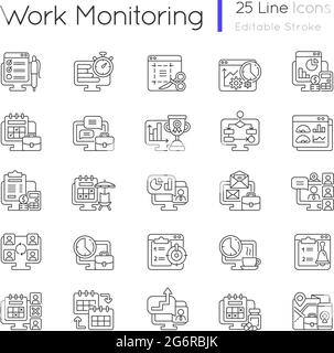 Set di icone lineari per il monitoraggio del lavoro Illustrazione Vettoriale