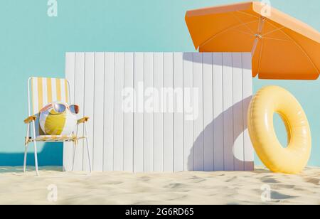 tavola bianca in legno sulla spiaggia con galleggiante e sedia esterna. spazio per testo. concetto estivo. rendering 3d Foto Stock