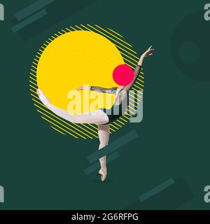 Collage d'arte. Ritratto di giovane ballerina femminile isolata su sfondo verde con grande cerchio giallo. Vista laterale Foto Stock