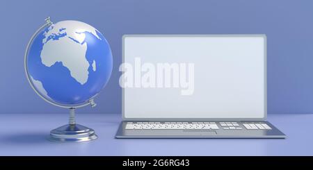 Globo pianeta Terra, mondo scolastico sfera mappa e schermo vuoto computer portatile, sfondo blu. Mappa online, classe di formazione digitale, attività in tutto il mondo Foto Stock