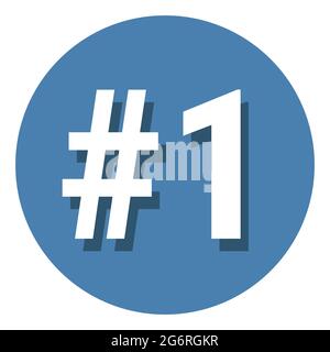 Numero 1 un simbolo in cerchio, 1 ° primo conteggio hashtag icona. Semplice illustrazione vettoriale con design piatto. Bianco con ombra su sfondo blu. Illustrazione Vettoriale